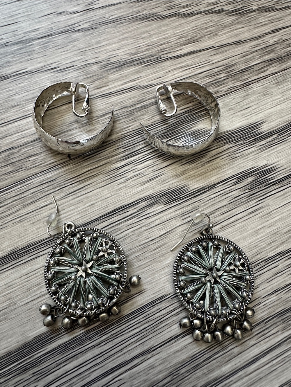 Vintage-Inspired Silver Hoop and Dangle Earrings Set - Silver